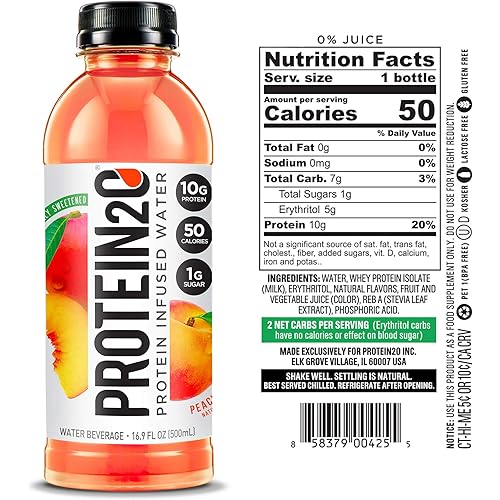Protein2o Low Calorie Protein Infused Water, 15g Whey Protein Isolate, Tropical Coconut Pack of 12, 16.89 Ounce & Low Calorie Protein, 10g Whey Protein Isolate, Peach Mango 16.9 Oz, Pack Of 12