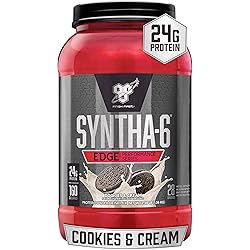 BSN SYNTHA-6 Edge Protein Powder, with Hydrolyzed Whey, Micellar Casein, Milk Protein Isolate, Low Sugar, 24g Protein, Cookies N Cream, 28 Servings