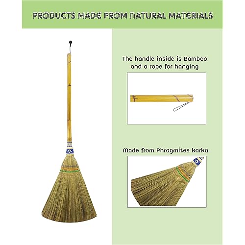 33 inch of Asian Broom for Cleaning Tile Floor,Soft bristles,Bamboo Stick Handle for Sweeping Dirt dust Garbage Vintage Broom,Durable Broom Indoor & Outdoor