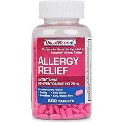 ValuMeds Allergy Medicine 600 Tablets Antihistamine, Diphenhydramine HCl 25 mg | Children and Adults | Relieve Itchy Eyes, Runny Nose, Sneezing