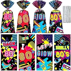100 Pcs 1980s Party Cellophane Bags 80s Gift Treat Bag Goodie Candy Bags with 150 Ties Back to the 80s Bags I Love the 80s Retro Themed Bag for Hip Hop Throwback Birthday Party Decorations Supplies