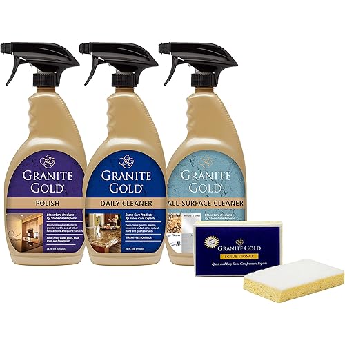 Granite Gold Home Care Collection Streak-Free Cleaning for Granite, Marble, Travertine, Quartz, Natural Stone Countertops, and Floors, 4-Piece Bundle, Clear, 72 Fl Oz