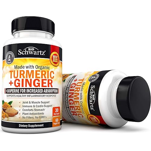 Organic Turmeric Curcumin and Ginger 95% Curcuminoids with BioPerine Black Pepper Extract for Ultra High Absorption - Natural Joint Support Supplement by BioSchwartz - Tumeric Ginger - 60 Capsules
