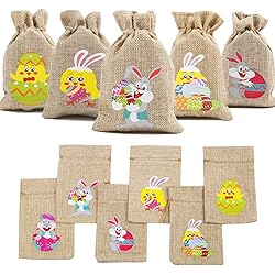 DERAYEE 36Pcs Easter Burlap Candy Bags, Jute Linen Goody Treat Gift Bags Bunny Eggs Chick for Easter Party Favors with Drawstrings