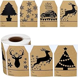 360 Pieces Christmas Kraft Gift Tag Stickers Christmas Tree Snowflake Kraft Label Tag Stickers Christmas Natural Kraft Stickers, 2 x 3 Inch
