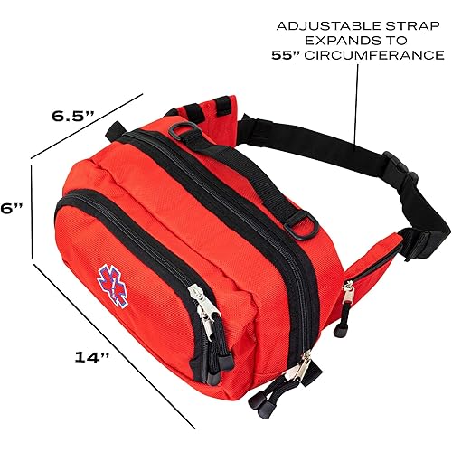 LINE2design Deluxe Medical Fanny Pack Large - EMS Emergency First Aid Paramedic EMT First Responder - Portable Travel Size Medical Equipment Organizer Hip Bag with Multiple Internal Pockets - Red