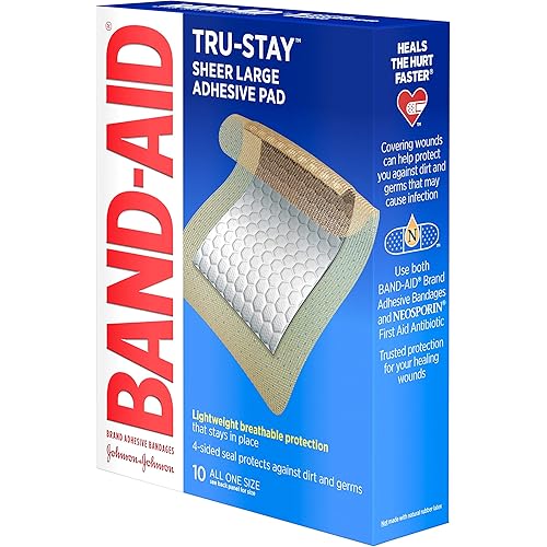 Band-Aid Brand Tru-Stay Adhesive Pads, Large Sterile Adhesive Bandages for First Aid Wound Care and Protection of Minor Cuts, Scrapes & Burns, Lightweight, Breathable, Large Size, 10 ct