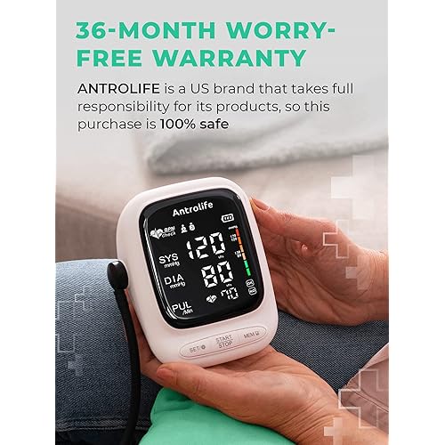 Blood Pressure Monitor by Antrolife - Automatic Upper Arm Machine & Accurate Adjustable Digital BP Cuff Kit - Largest Backlit Display - Pulse Rate Monitoring Meter - with Batteries, BagWhite