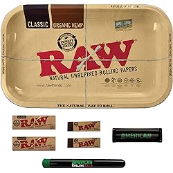 RAW Rolling Tray Combo Includes Tray, 1 14 Rolling Papers, Original Tips, and American Rolling Club 79mm Rolling Machine and Tube Small