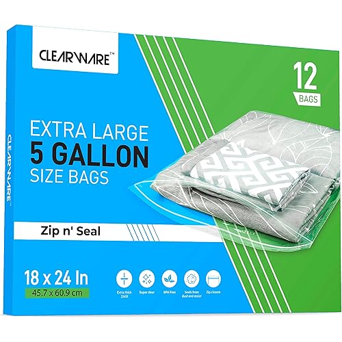 Clearware 12 Large Plastic Bags With Zipper Top - 5 Gallon Bags 18 x 24, Extra Large Storage Bags for Clothes, Travel, Moving, Storage, Large Reusable freezer bags, BPA-Free, 2-mil Thick Clear Plastic Bags