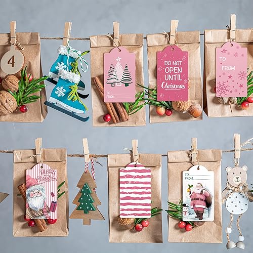 120 Pcs Winter Paper Gift Tags White Pink Christmas Hanging Tags Labels with String for Christmas Holiday Party Gift Wrapping Xmas Decor, 10 Styles