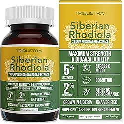 Siberian Rhodiola: Max Strength Rhodiola Rosea - 5% Rosavins, 2% Salidroside - BioPerine Absorption Enhancement, Grown in Siberia, DNA Verified - Reduce Stress, Enhance Energy & Cognition 60 Count