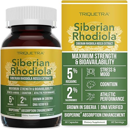 Siberian Rhodiola: Max Strength Rhodiola Rosea - 5% Rosavins, 2% Salidroside - BioPerine Absorption Enhancement, Grown in Siberia, DNA Verified - Reduce Stress, Enhance Energy & Cognition 60 Count