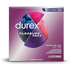 Durex Pleasure Pack Assorted Condoms, Exciting Mix of Sensation and Stimulation, Natural Rubber Latex Condoms for Men, Regular Fit, FSA & HSA Eligible, 42 Count Packaging may Vary
