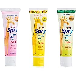 Spry All Natural Kids Fluoride Free Toothpaste Tooth Gel with Xylitol, Age 3 Months and Up Kids Toothpaste, 2 Fl Oz 3 Pack - Original, Bubblegum, Strawberry Banana,