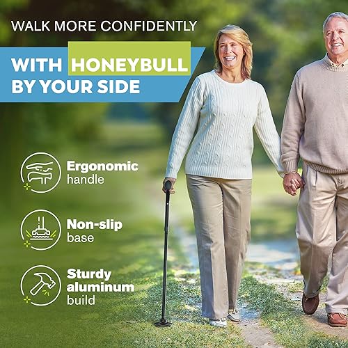 HONEYBULL Walking Cane for Men & Women - Free Standing Cane, Foldable, Pivot Tip, Heavy Duty, with Travel Bag | Walking Sticks, Canes for Seniors & Adults [Black]