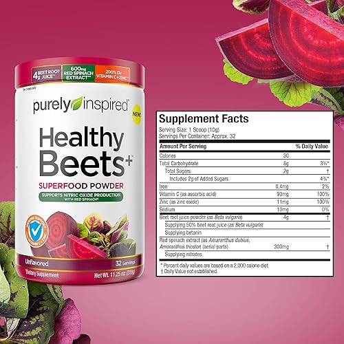 Beet Root Powder | Purely Inspired Healthy Beets Superfood Powder | Vitamin C & Zinc for Immune Support | Supports Nitric Oxide Production with Red Spinach | Unflavored 32 Servings