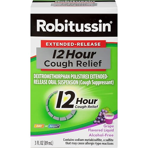 Robitussin Extended-Release 12 Hour Alcohol-Free Cough Relief Suppressant, Grape, 3 Fl Oz