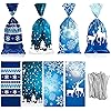 Geyee 100 Christmas Cellophane Bags Snowflake Treat Bags Winter Themed Treat Bags Snowflake Elk Plastic Candy Bags with 200 Pieces Silver Twist Ties for Christmas Party Supplies, 4 Styles