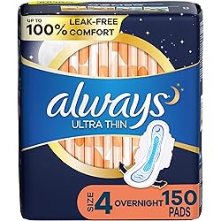Always Ultra Thin, Size 4, Overnight Pads With Wings, Unscented, 50 Count Pack of 3 - Packaging May Vary