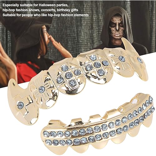 Gold Teeth Brace Set, Metal Teeth Decoration Jewelry, for Halloween Party Hip Hop Show, Halloween Gadget blue