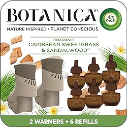 Air Wick Botanica Plug in Scented Oil Starter Kit, 2 Warmers 6 Refills, Caribbean Sweetgrass and Sandalwood, Air Freshener, Eco Friendly, Essential Oils