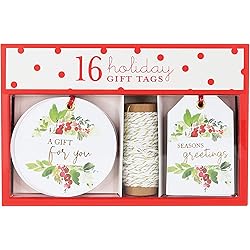 Graphique Holly and Berries Duo Gift Tags 16 Tags, Vertical are 2"x 3", Round are 3"x3" – Includes Bakers Twine, Embellished in Gold Foil, Perfect for Personalizing Gift Bags and Seasonal Favors