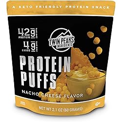 Twin Peaks Low Carb, Keto Friendly Protein Puffs, Nacho Cheese 2 Servings, 3 Pack 60g, 42g Protein, 4g Carbs