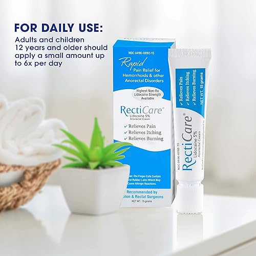 RectiCare Anorectal Lidocaine 5% Cream: Treatment for Hemorrhoids & Other Anorectal Disorders - 15g Tube