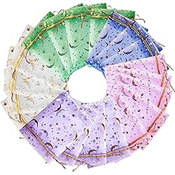 100Pcs Moon Star Organza Jewelry Candy Pouch, Gift Bags Pouches for Wedding Party Valentine's Day Mixed Color, 3.5 x 4.7 inch