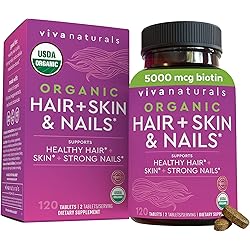 Organic Hair Skin and Nails Vitamins for Women– Biotin 5000 mcg Supplement to Support Normal Hair Growth and Glowing Skin, USDA Organic Supports Strong and Healthy Nail Growth, 120 Tablets