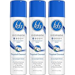 FDS Intimate Deodorant Spray, Tropical Coconut, 2 oz Pack of 3, Feminine Spray for All Day Freshness & Odor Protection; pH-balanced, Talc-Free, Gynecologist Tested