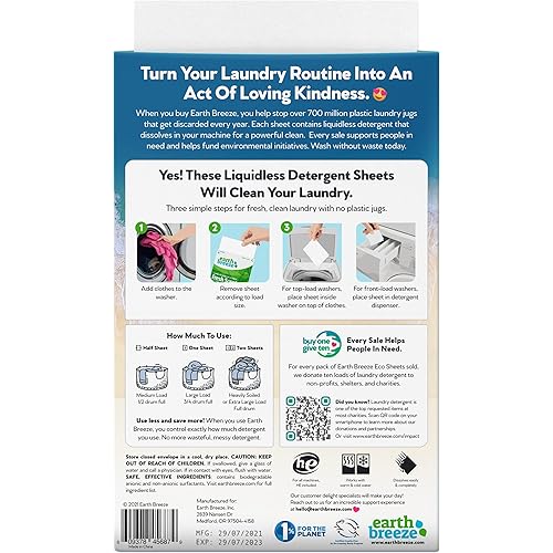 Earth Breeze Laundry Detergent Sheets - Fragrance Free - No Plastic Jug 60 Loads 30 Sheets, Liquidless Technology