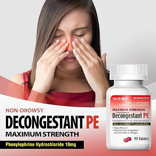 HealthA2Z® Decongestant PE | 90 Tablets | Phenylephrine HCl 10 mg | Maximum Strength | Non Drowsy Nasal & Sinus Congestion Relief Due to Cold & Allergies