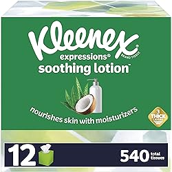 Kleenex Expressions Soothing Lotion Facial Tissues with Coconut Oil, Aloe & Vitamin E, 12 Boxes, 45 Tissues per Box, 3-Ply 540 Total Tissues