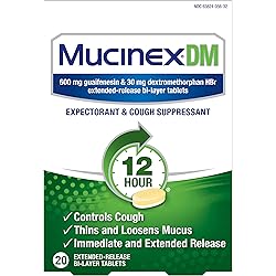 Cough Suppressant and Expectorant, Mucinex DM 12 Hr Relief Tablets, 20ct, 600 mg Guaifenesin, 30 mg Dextromethorphan HBr, Controls Cough and Thins & Loosens Mucus That Causes Cough & Chest Congestion