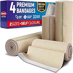 Premium Elastic Bandage Wrap - Pack of 4 - Cotton Latex Free Compression Bandage Wrap - 4” & 6” Self-Closing - Washable & Reusable