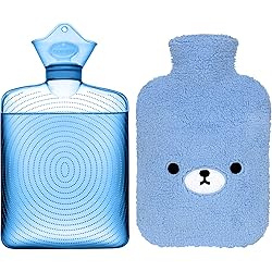 Samply Hot Water Bottle with Cute Fleece Cover, 2L Hot Water Bag for Hot and Cold Compress, Hand Feet Warmer, Neck and Shoulder Pain Relief, Bear Blue