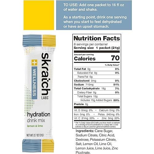 SKRATCH LABS Wellness Hydration Drink Mix, Lemon and Lime 8 Pack Single Serving, Oral Rehydration Solution, ORS, Vegan, Non-GMO, Gluten Free, Dairy Free, Kosher