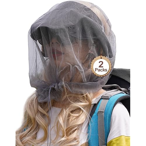 wohohoho Mosquito Head Net Mesh with Drawstring, Bug Face Netting for Hats, Mesh Face Shield for Men & Women Beekeeper Net Mask Protection for Midges, Bugs & Gnats 2 Packs, Grey, Updated Big Net
