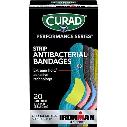 Curad - CURIM5020 Performance Series Ironman Antibacterial Bandages, Extreme Hold Adhesive Technology, 1 x 3.25 inch Fabric Bandages, 20 Count