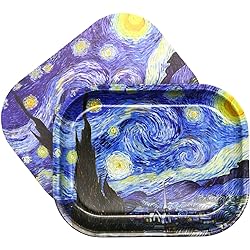 Starry Night Rolling Tray with Magnetic Lid, Van Gogh Art Magnetic Rolling Tray with Lid Cover, Small Metal Rolling Trays Smoking Accessories Cute Gifts - 7'' x 5.5'&#39