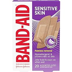 Band-Aid Brand Adhesive Bandages for Sensitive Skin, Hypoallergenic Bandages with Painless Removal, Stays on When Wet and Suitable for Eczema Prone Skin, Sterile, Assorted Sizes, 20 ct