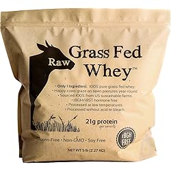 Raw Grass Fed Whey 5LB - Happy Healthy Cows, COLD PROCESSED Undenatured 100% Grass Fed Whey Protein Powder, GMO-Free rBGH Free Soy Free Gluten Free, Unflavored, Unsweetened 5 LB BULK, 90 Serve