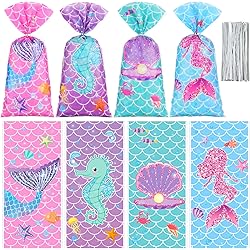 100 PCS Mermaid Cellophane Bags Mermaid Gift Treat Bags Mermaid Goodie Candy Bags with 150 Ties Mermaid Party Favor Bags Birthday Party Decorations Supplies for Mermaid Theme Baby Shower Party Serves