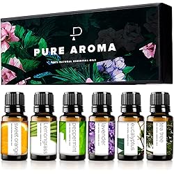 Essential Oils by PURE AROMA 100% Pure Oils kit- Top 6 Aromatherapy Oils Gift Set-6 Pack, 10MLEucalyptus, Lavender, Lemon Grass, Orange, Peppermint, Tea Tree