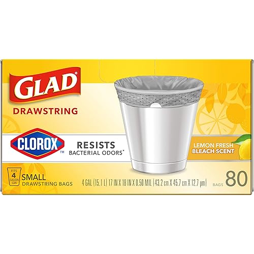 Glad Small Drawstring Trash Bag with Clorox, 4 Gal Lemon Fresh Bleach Scent 80 Ct Package May Vary