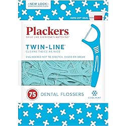 Plackers Twin-Line Dental Flossers, Cool Mint Flavor, Dual Action Flossing System, Easy Storage, Super Tuffloss, 2X The Clean, 75 Count