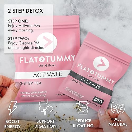 Flat Tummy Detox Tea – 2-step, 4 Week Program – Detox Tea to Boost Energy & Reduce Bloating - All Natural Cleanse w Green Tea, Lemon Balm, Dandelion, Fennel, More - Digestion support