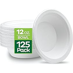100% Compostable 12 oz Heavy-Duty [125-Pack] Eco-Friendly Disposable White Bagasse Bowl, Made of Natural Sugarcane Fibers - 12 ounces Biodegradable Paper Bowls by Stack Man